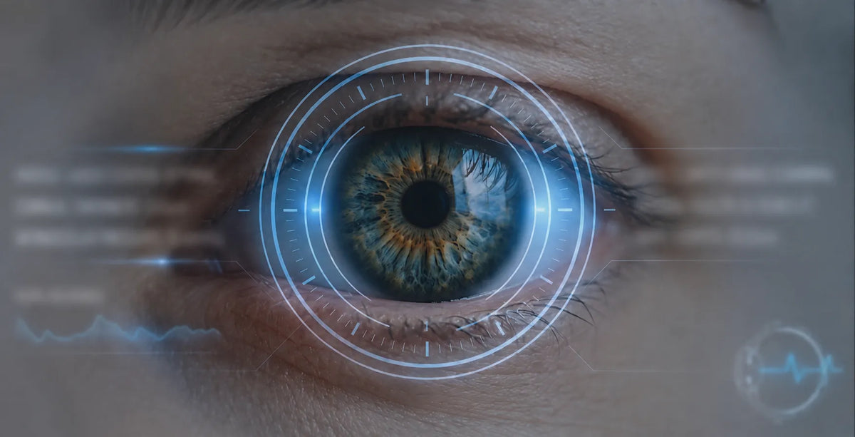 Close-up of a human eye with a digital scanning interface representing advanced ophthalmic imaging and eye examination technology.