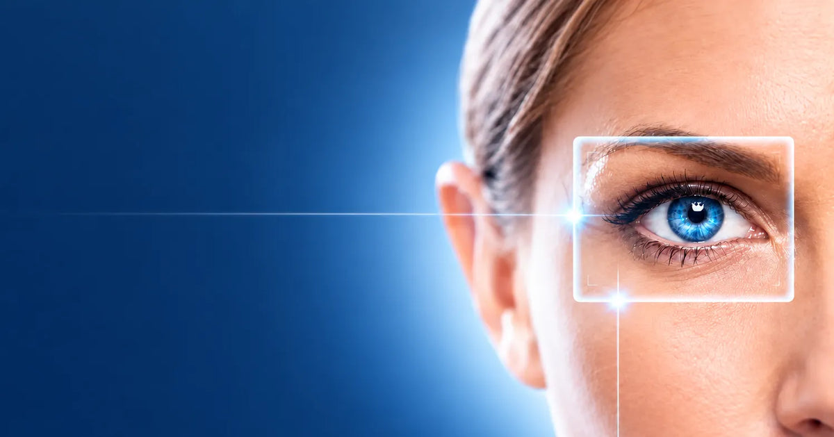 Close-up of a human eye with a digital scanning interface representing professional ophthalmic imaging and eye care technology.