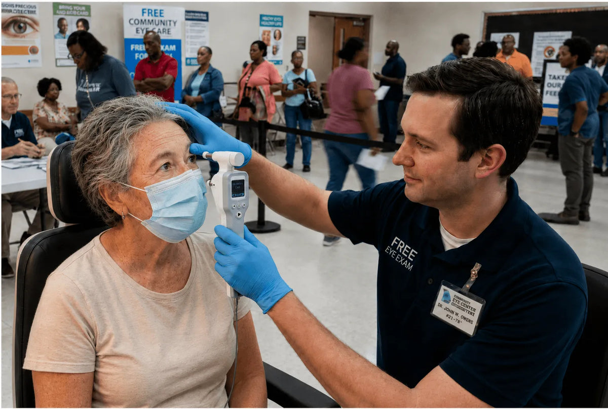 DrTono Tenso Pro rebound tonometer used for intraocular pressure screening during a community eye health examination event.