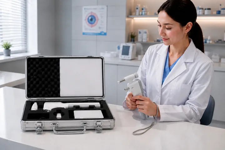 Show what's inside the DrTono Tenso Pro rebound tonometer box.