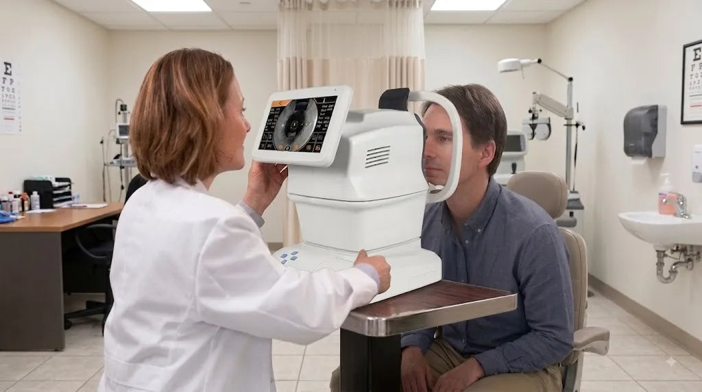 DrTono Tenso Station non-contact tonometer used by an eye care professional for a patient tonometry exam in an ophthalmic clinic.