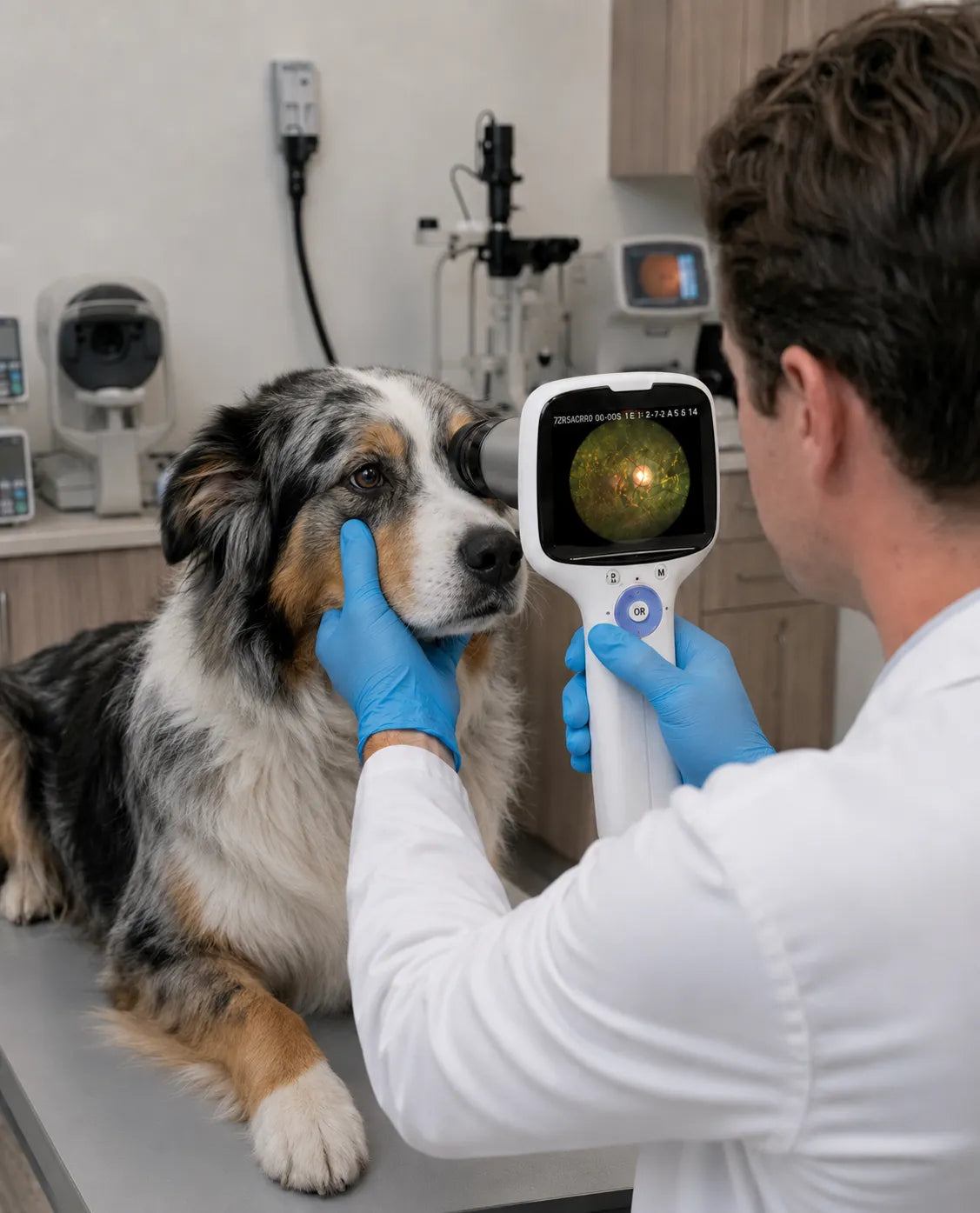 DrTono Vista Lite handheld veterinary fundus camera used by a clinician for a dog fundus examination in a veterinary clinic.