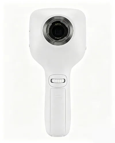 Rear view of the DrTono Vista Lite portable veterinary fundus camera showing the retinal imaging lens and handheld body.