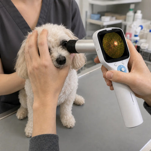 DrTono Vista Lite portable veterinary fundus camera used for a retinal check on a small dog during a veterinary eye examination.