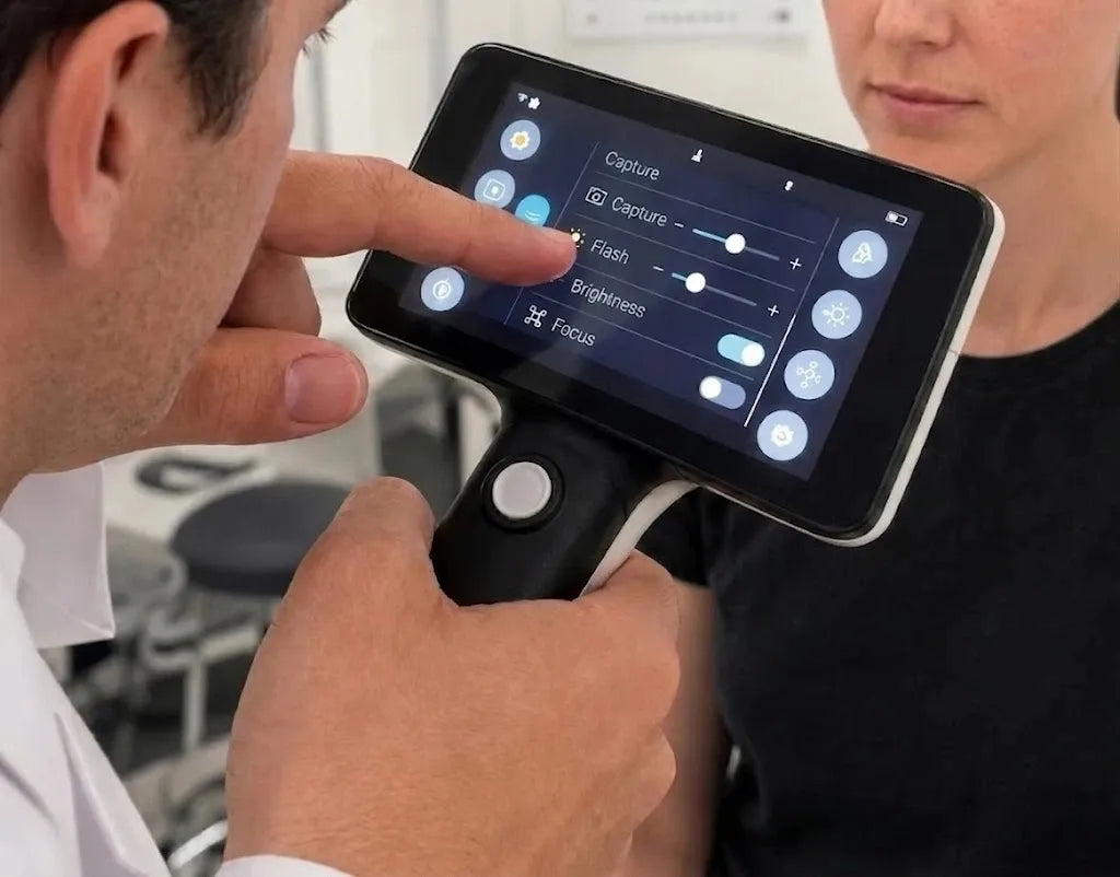 DrTono Vista Pro handheld retinal imaging device showing capture, flash, brightness, and focus settings on the touchscreen interface.