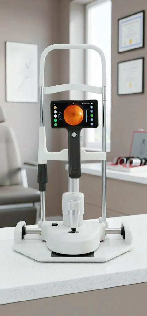 DrTono Vista Pro handheld retinal imaging device mounted on a desktop examination stand for clinical fundus imaging.