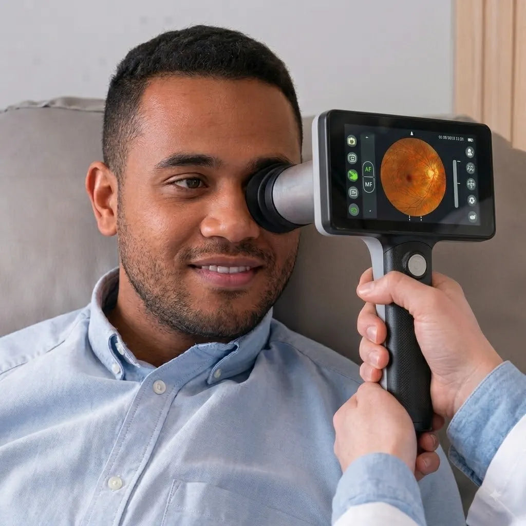 DrTono Vista Pro handheld retinal imaging device used for a non-mydriatic eye examination.
