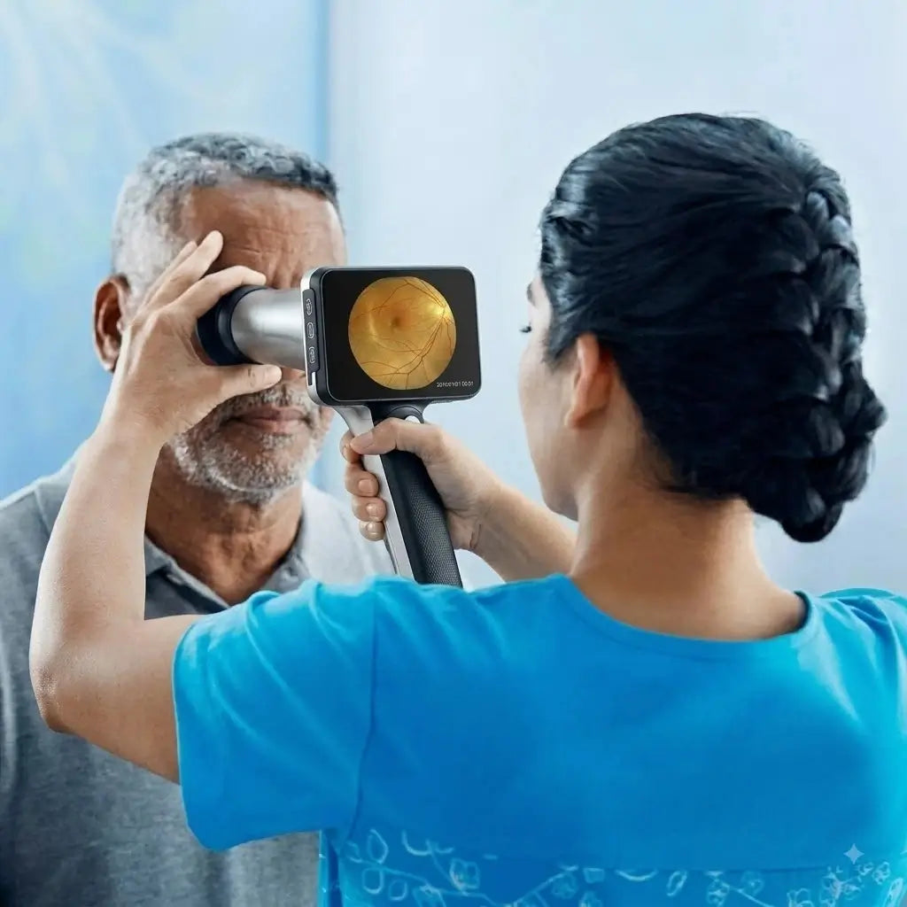 DrTono Vista Pro handheld fundus camera used for a non-mydriatic retinal examination in a clinical setting.