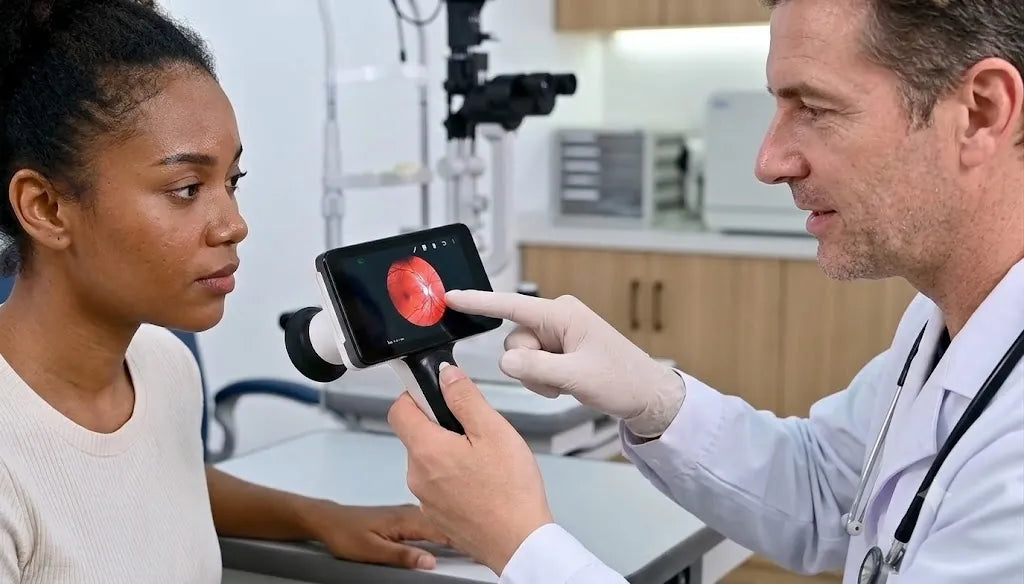 DrTono Vista Pro handheld fundus camera used by a clinician to review a captured retinal image with a patient.