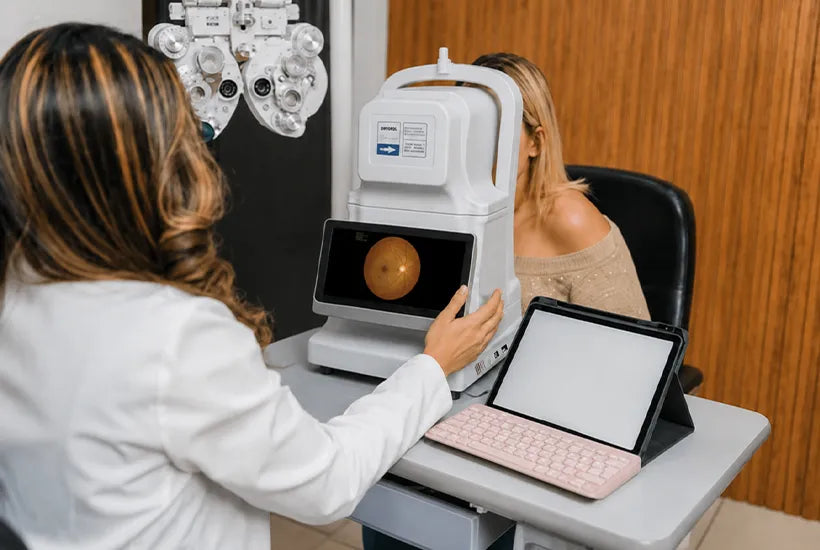 Optometrist using a tabletop fundus camera to capture a retinal image during an eye examination in an optometry clinic