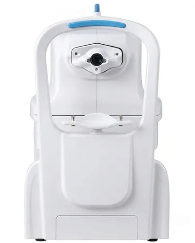 Patient-facing view of the DrTono Vista Station showing the retinal imaging lens, chin rest, and positioning frame.