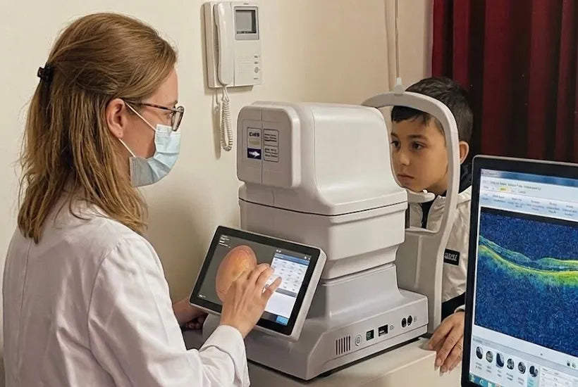 DrTono Vista Station used by an eye care professional for retinal imaging during a pediatric eye examination.