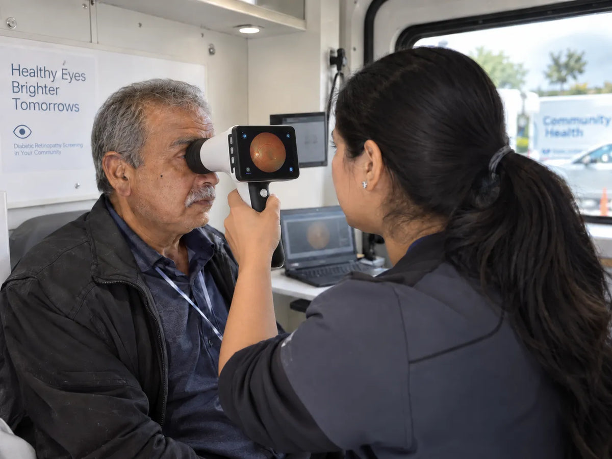 Clinician performing teleretinal screening with a handheld fundus camera in a mobile community health clinic